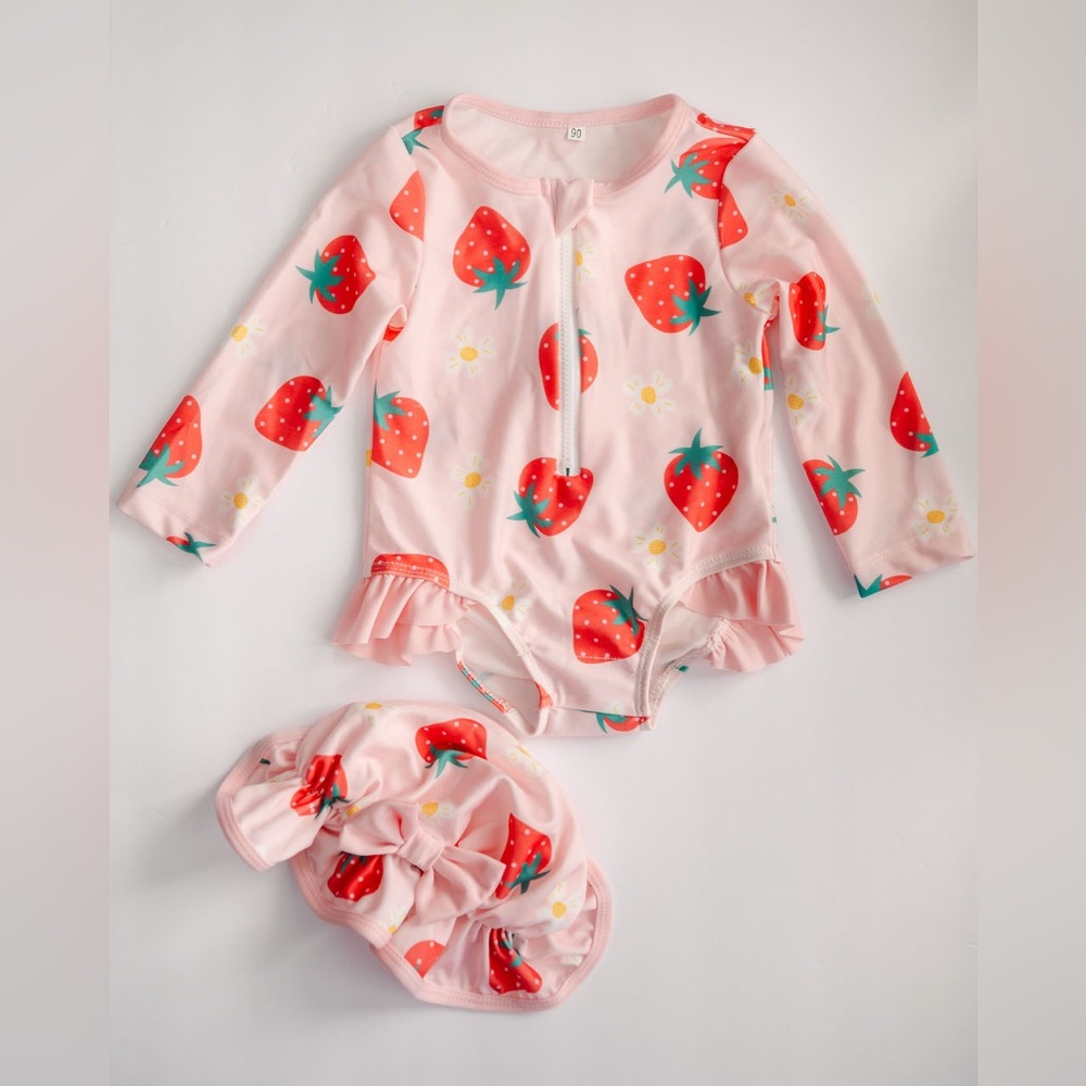 Baby Girl Strawberry Rash Guard Swimsuit Set 0-3M Pink Bow NWT